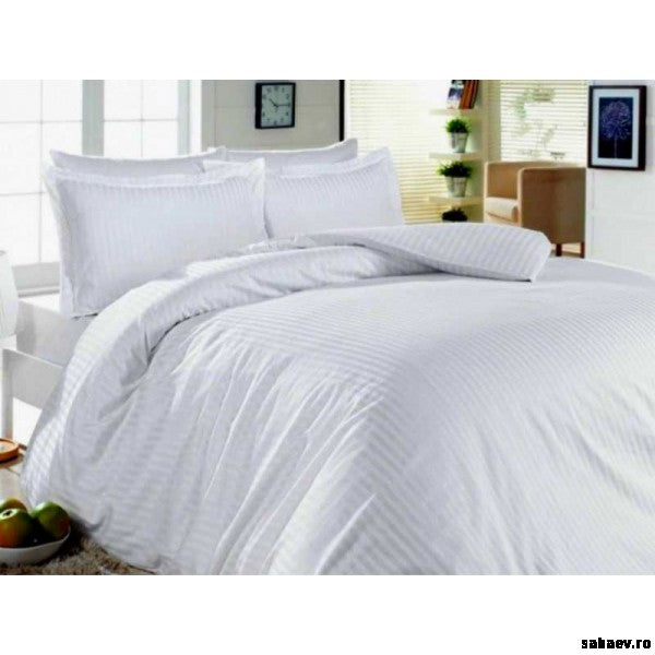 Lenjerie pat 2p bumbac damasc dungi late alb - 4 piese ( saltea 140/200)