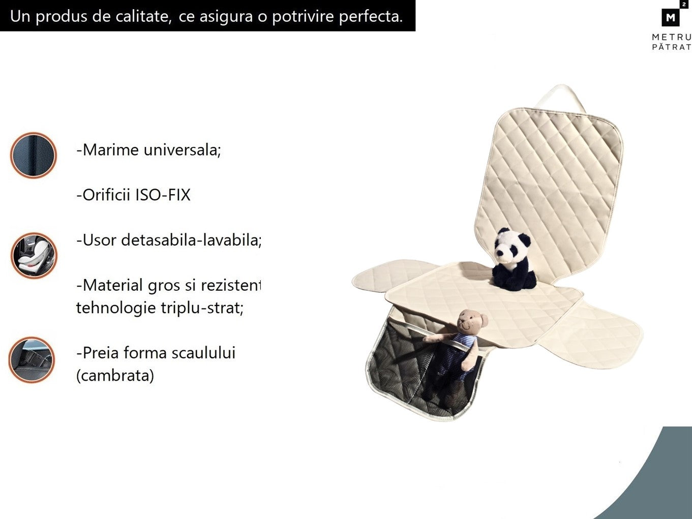 Protectie scaun auto matlasata, universala, cu protectii laterale si buzunar organizator, impermeabila, lavabila, crem