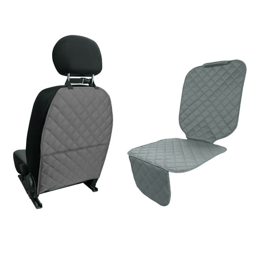 Set 2 protectii auto matlasate, universale, lavabile, gri, protectie scaun sau bancheta si protectie spatar scaun cu buzunar organizator, Metru Patrat