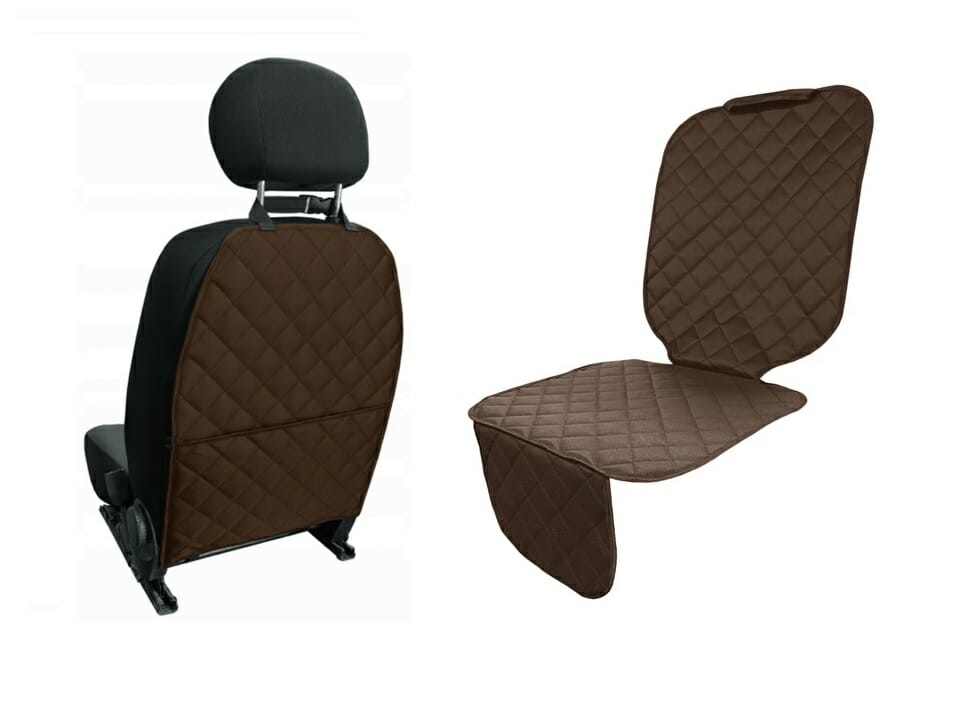Set 2 protectii auto matlasate, universale, lavabile, maro, protectie scaun sau bancheta si protectie spatar scaun cu buzunar organizator, Metru Patrat
