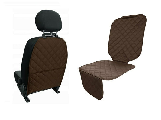 Set 2 protectii auto matlasate, universale, lavabile, maro, protectie scaun sau bancheta si protectie spatar scaun cu buzunar organizator, Metru Patrat