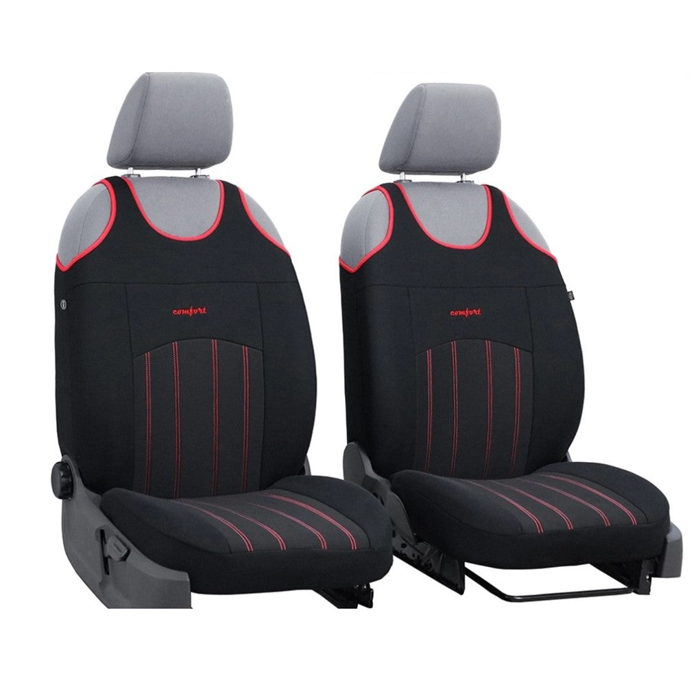 Set 2 huse auto Universale tip maieu, Confort, din textil tapiterie, Negru-Rosu