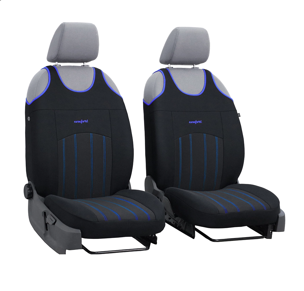 Set 2 huse auto universale tip maieu, Confort, din textil tapiterie, Negru - Albastru