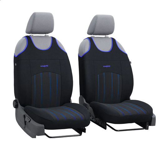 Set 2 huse auto universale tip maieu, Confort, din textil tapiterie, Negru - Albastru
