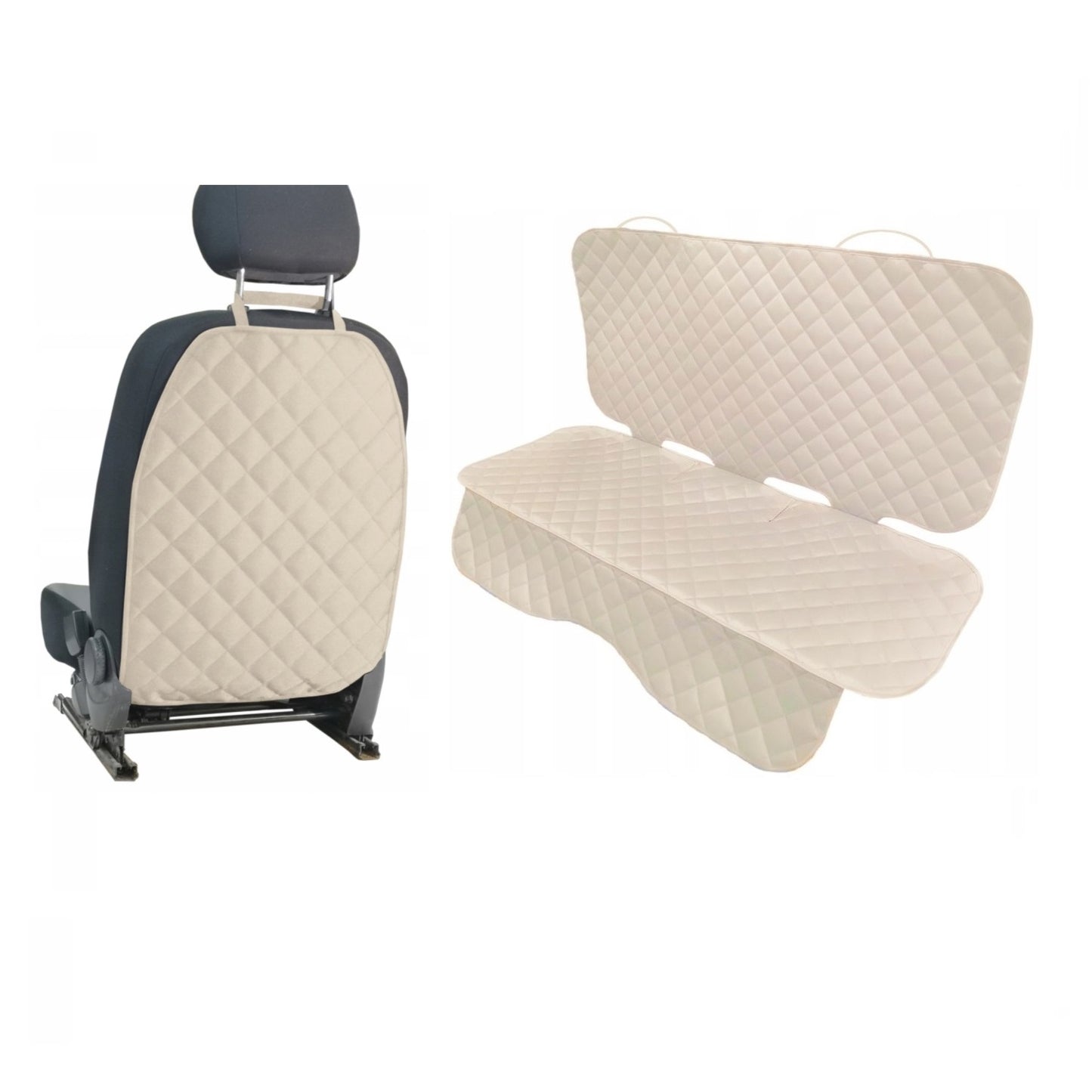 Set 2 protectii scaune auto, universale, matlasate, crem, lavabile, impermeabile - protectie matlasata pentru bancheta din spate si protectie spatar scaun