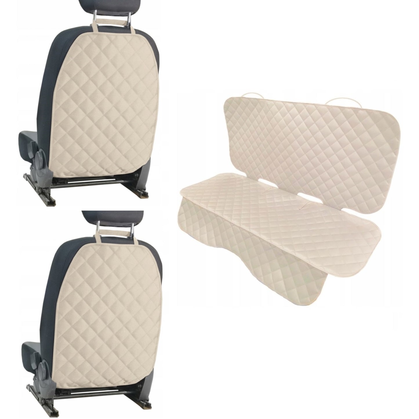 Set 3 huse de protectie scaune auto, universale, matlasate, crem, lavabile, impermeabile - protectie matlasata pentru bancheta din spate si 2 protectii spatar scaun