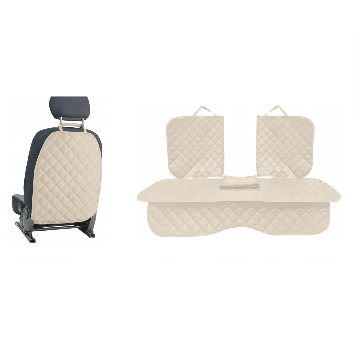 Set 2 protectii scaune auto, universale, matlasate, crem, lavabile, impermeabile - protectie matlasata cu decupare cotiera pentru bancheta din spate si protectie spatar scaun