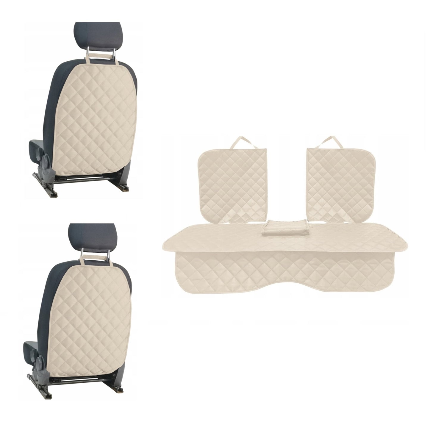 Set 3 protectii scaune auto, universale, matlasate, crem, lavabile, impermeabile - protectie matlasata cu decupare cotiera pentru bancheta din spate si 2 protectii spatar scaun