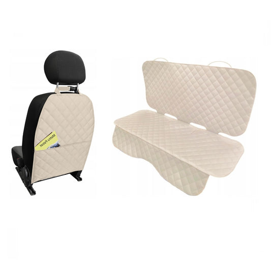 Set 2 protectii scaune auto, universale, matlasate, crem, lavabile, impermeabile , protectie matlasata pentru bancheta din spate si protectie spatar scaun cu buzunar organizator