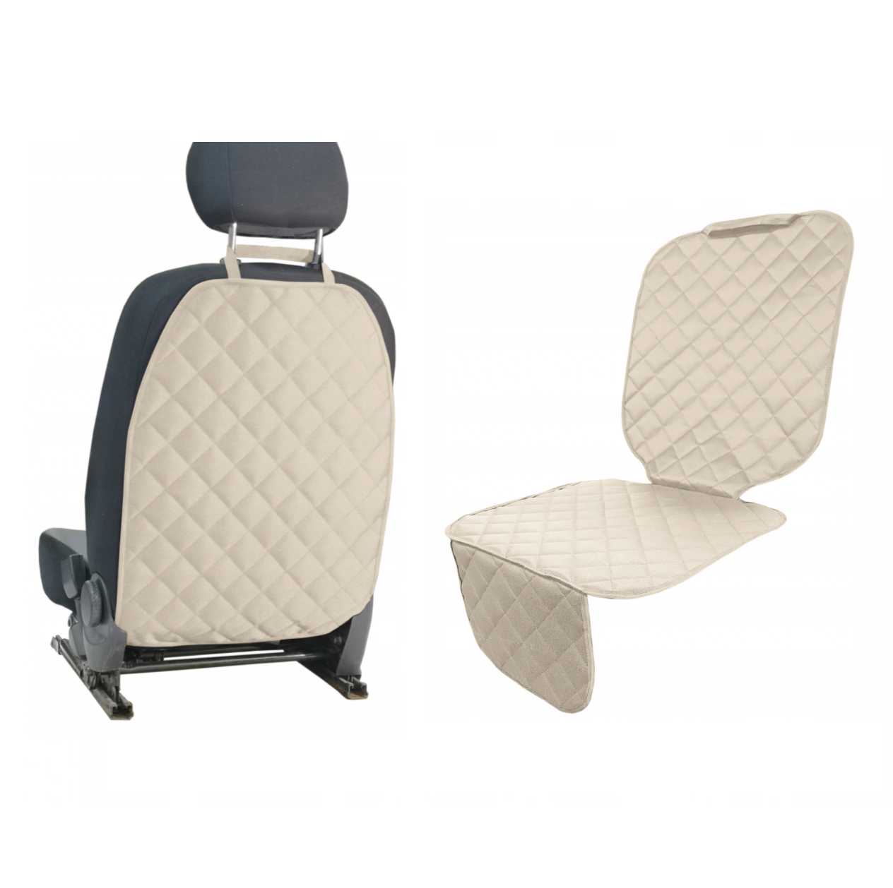 Set 2 huse de protectie scaune auto, universale - protectie spatar scaun fata matlasata si protectie matlasata pentru scaun auto, scoica bebe, crem