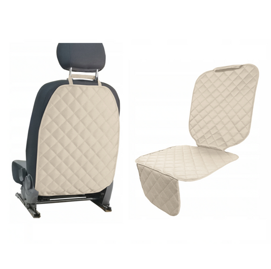 Set 2 huse de protectie scaune auto, universale - protectie spatar scaun fata matlasata si protectie matlasata pentru scaun auto, scoica bebe, crem