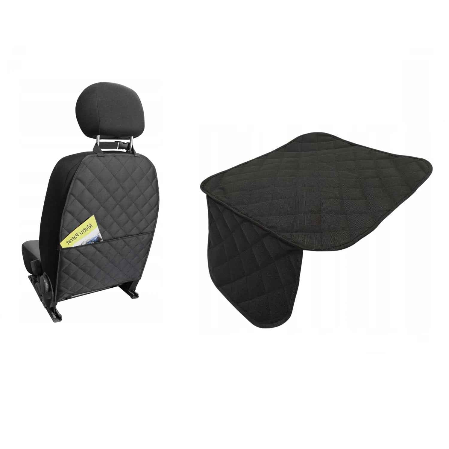 Set 2 protectii scaune auto, universale, matlasate, negre, lavabile, impermeabile - protectie sezut scaun sau bancheta si protectie spatar scaun cu buzunar organizator