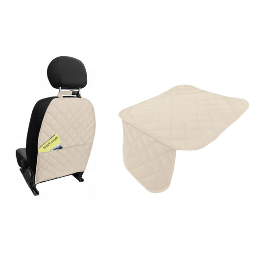 Set 2 protectii scaune auto, universale, matlasate, crem, lavabile, impermeabile protectie sezut scaun sau bancheta si protectie spatar scaun cu buzunar organizator