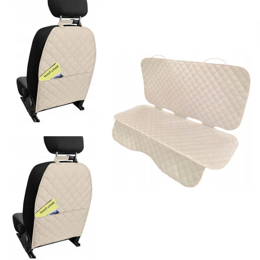 Set 3 protectii scaune auto, universale, matlasate, crem, lavabile, impermeabile , protectie matlasata pentru bancheta din spate si 2 protectii spatar scaun cu buzunar organizator