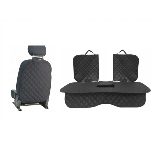 Set 2 protectii scaune auto, universale, matlasate, negre, lavabile, impermeabile - protectie matlasata cu decupare cotiera pentru bancheta din spate si protectie spatar scaun