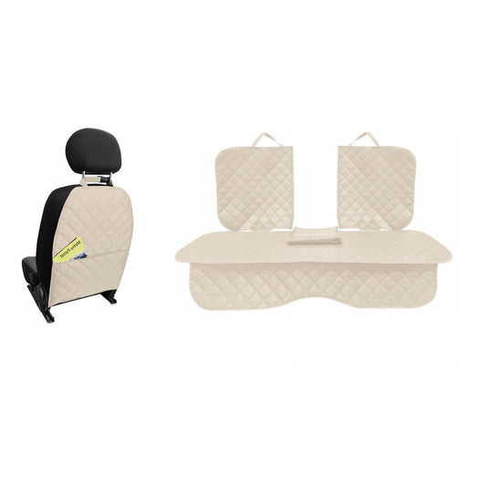 Set 2 protectii scaune auto, universale, matlasate, crem, lavabile, impermeabile , protectie matlasata cu decupare cotiera pentru bancheta din spate cu si protectie spatar scaun cu buzunar organizator