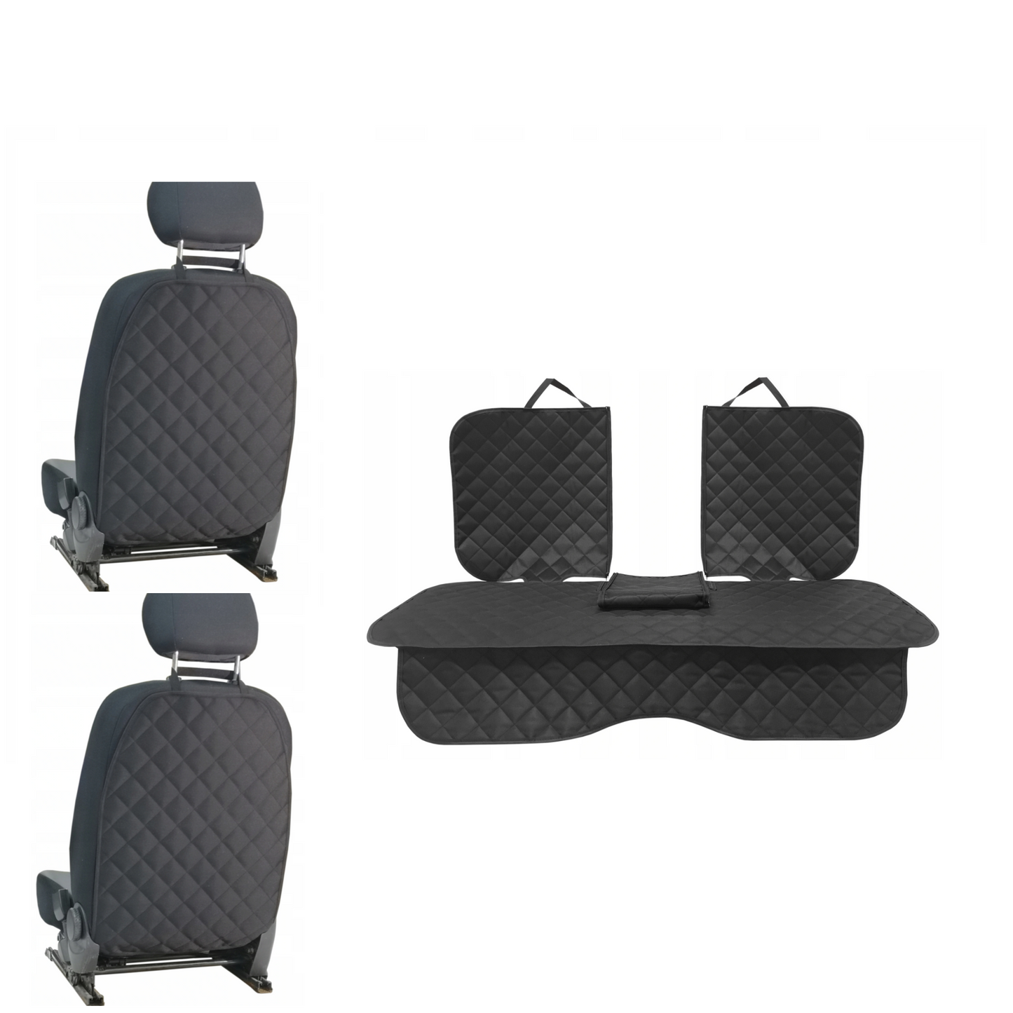 Set 3 protectii scaune auto, universale, matlasate, negre, lavabile, impermeabile - protectie matlasata cu decupare cotiera pentru bancheta din spate si 2 protectii spatar scaun
