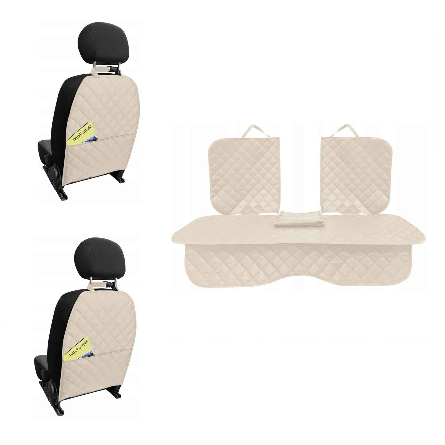 Set 3 protectii scaune auto, universale, matlasate, crem, lavabile, impermeabile, protectie matlasata cu decupare cotiera pentru bancheta din spate cu si 2 protectii spatar scaun cu buzunar organizator