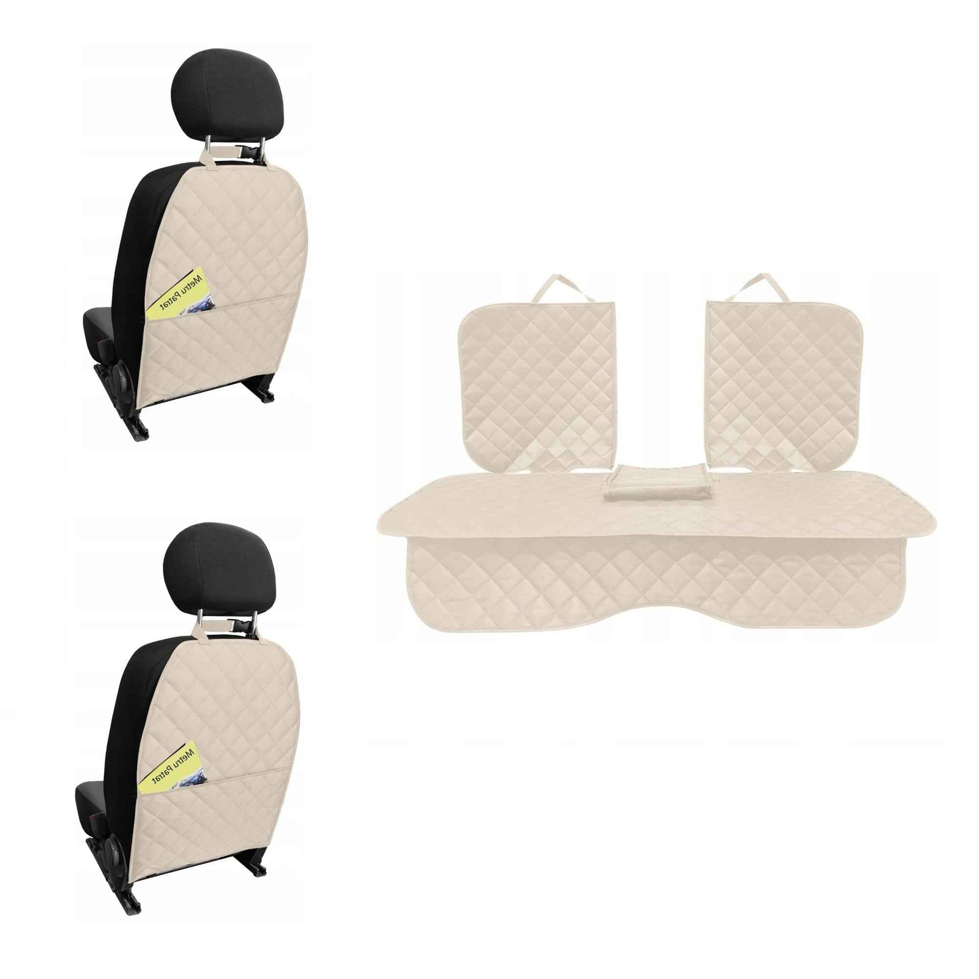 Set 3 protectii scaune auto, universale, matlasate, crem, lavabile, impermeabile, protectie matlasata cu decupare cotiera pentru bancheta din spate cu si 2 protectii spatar scaun cu buzunar organizator