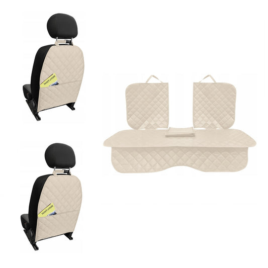 Set 3 protectii scaune auto, universale, matlasate, crem, lavabile, impermeabile, protectie matlasata cu decupare cotiera pentru bancheta din spate cu si 2 protectii spatar scaun cu buzunar organizator