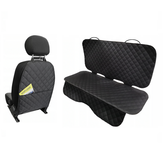 Set 2 protectii scaune auto, universale, matlasate, negre, lavabile, impermeabile - protectie matlasata pentru bancheta din spate si protectie spatar scaun cu buzunar organizator