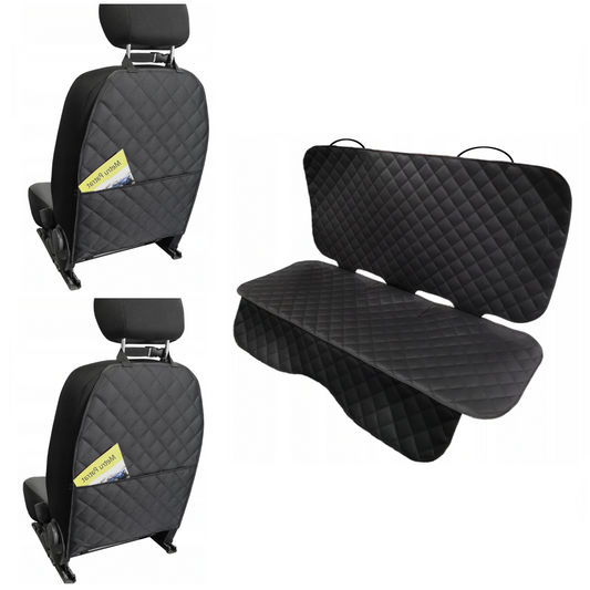 Set 3 protectii scaune auto, universale, matlasate, negre, lavabile, impermeabile protectie matlasata pentru bancheta din spate si 2 protectii spatar scaun cu buzunar organizator