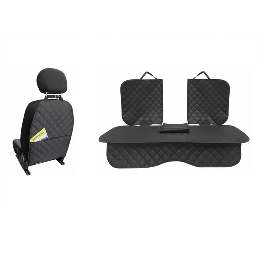 Set 2 protectii scaune auto, universale, matlasate, negre, lavabile, impermeabile , protectie matlasata cu decupare cotiera pentru bancheta din spate cu si protectie spatar scaun cu buzunar organizator