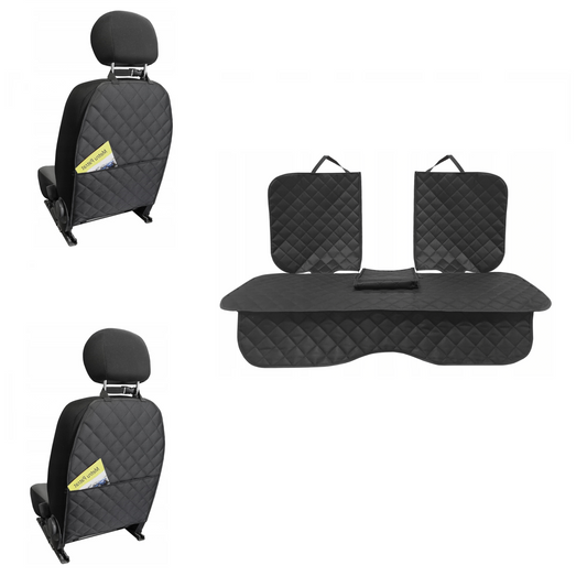 Set 3 protectii scaune auto, universale, matlasate, negre, lavabile, impermeabile, protectie matlasata cu decupare cotiera pentru bancheta din spate cu si 2 protectii spatar scaun cu buzunar organizator