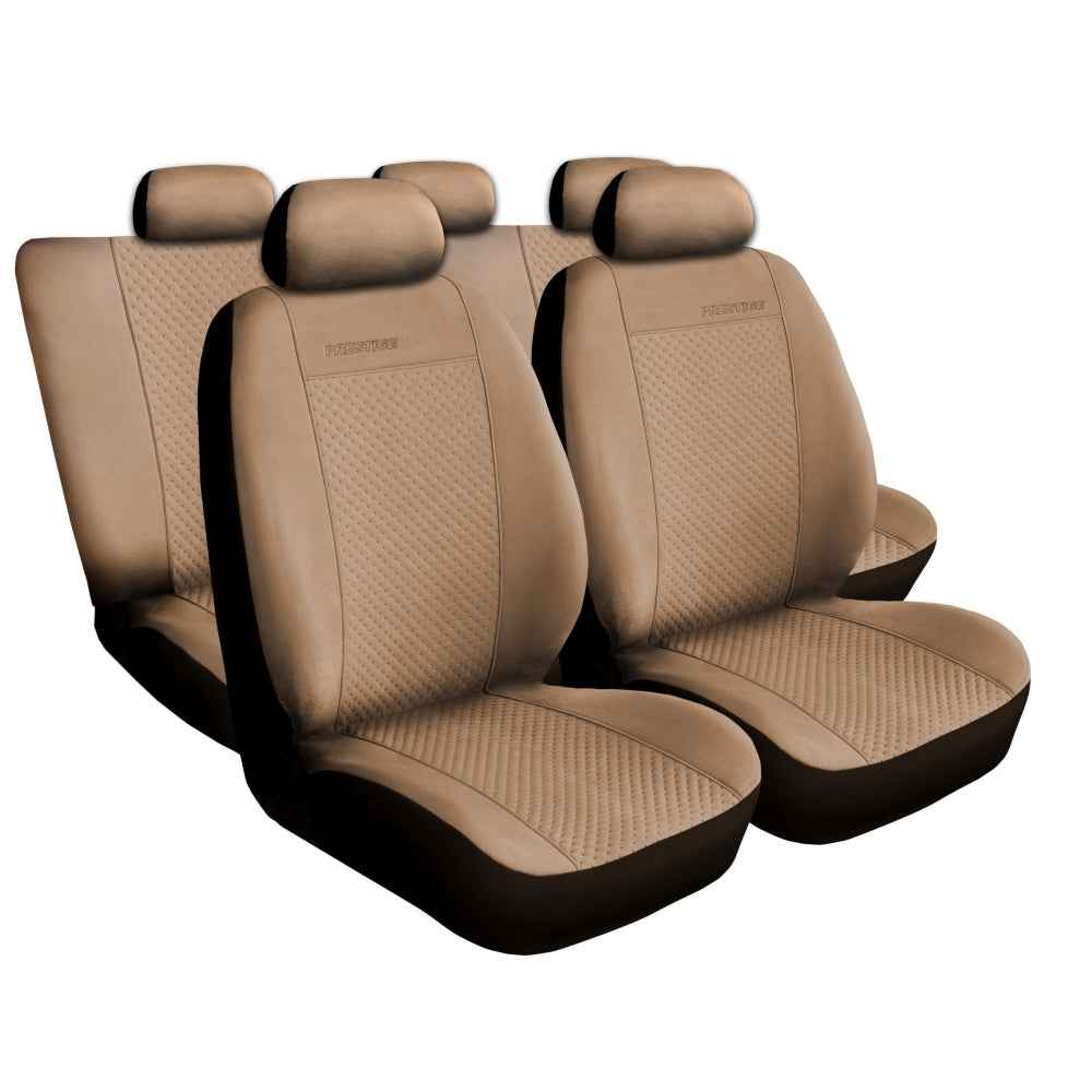 Huse scaune auto tip alcantara bej - 9 buc universale , din imitatie de piele , rezistente in timp , cu cleme de prindere , usor de intretinut AH169