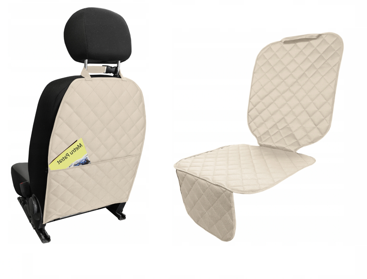 Set 2 huse de protectie scaune auto, universale - protectie spatar scaun fata matlasata cu organizator si protectie matlasata pentru scaun auto, scoica bebe, crem