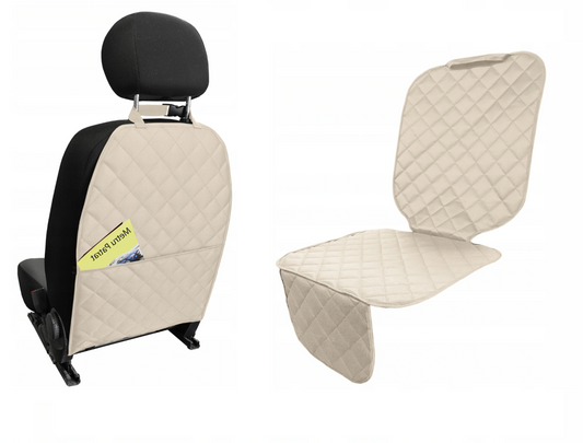 Set 2 huse de protectie scaune auto, universale - protectie spatar scaun fata matlasata cu organizator si protectie matlasata pentru scaun auto, scoica bebe, crem