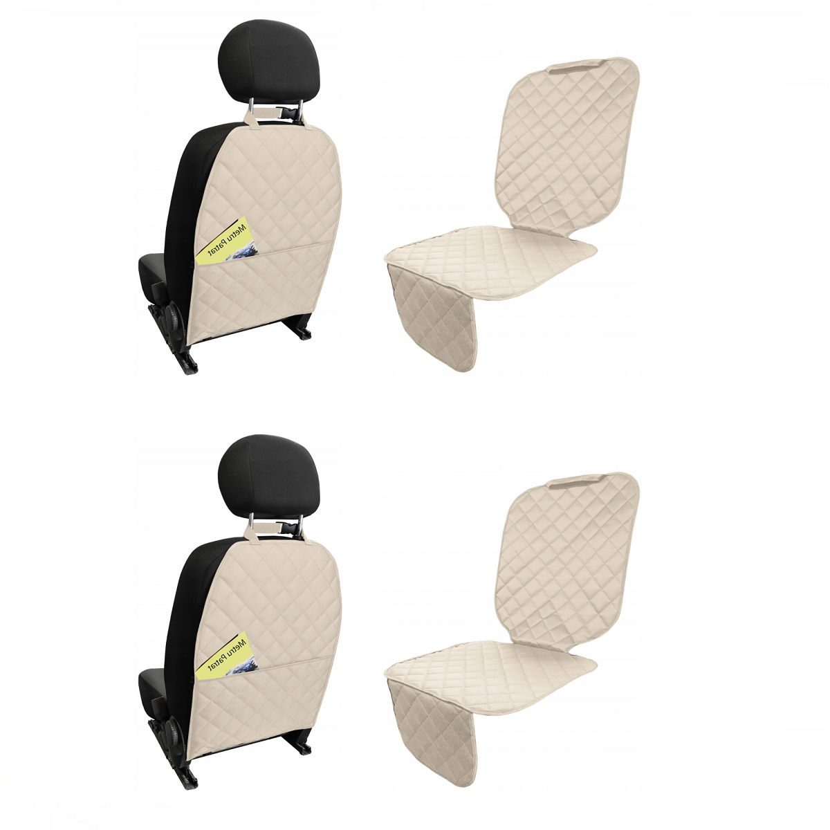 Set 4 protectii auto, 2 bucati scoica bebe + 2 bucati orgabizator spatar cu buzunar,  pentru scaune fata sau bancheta spate, matlasate, lavabile, universale, Crem
