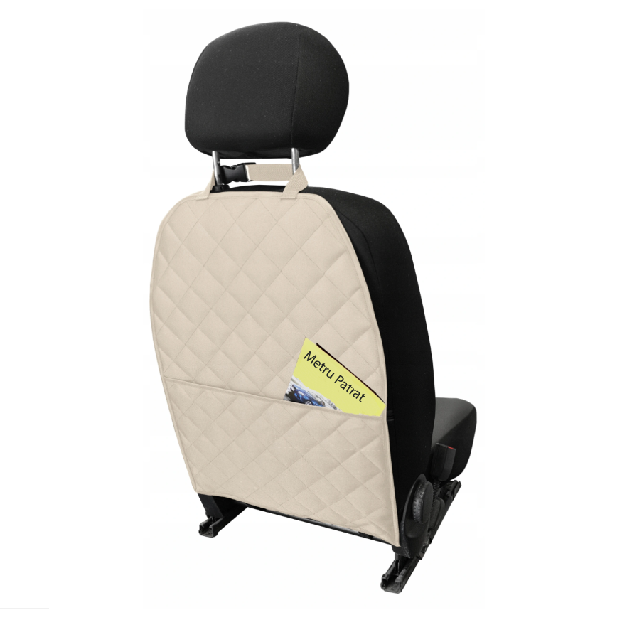 Set 2 protectii auto matlasate cu organizator, pentru spatarul scaunului din fata, lavabile, impermeabile, crem - MetruPatrat.ro