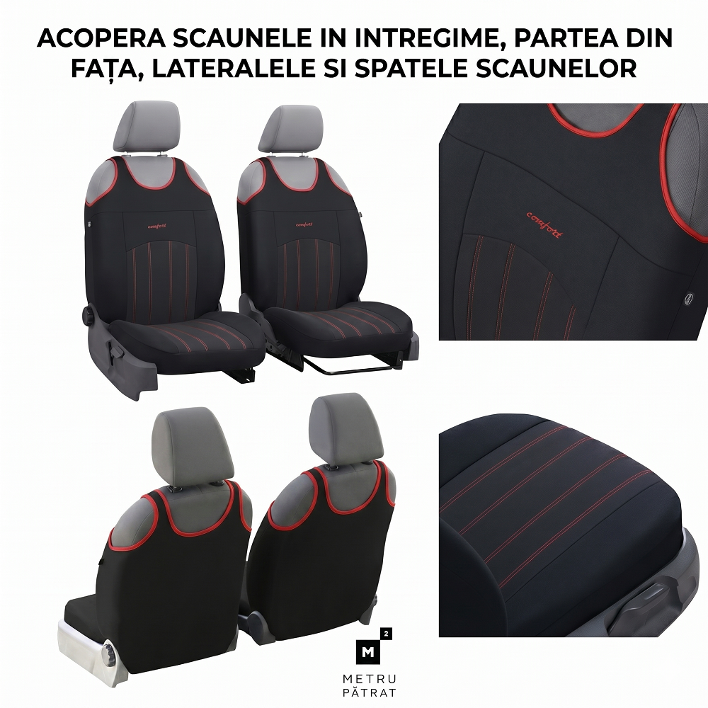 Set 2 huse auto Universale tip maieu, Confort, din textil tapiterie, Negru-Rosu