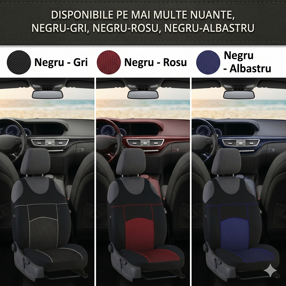 Set 2 huse auto Universale tip maieu, Tuning, din textil tapiterie, Negru-Rosu