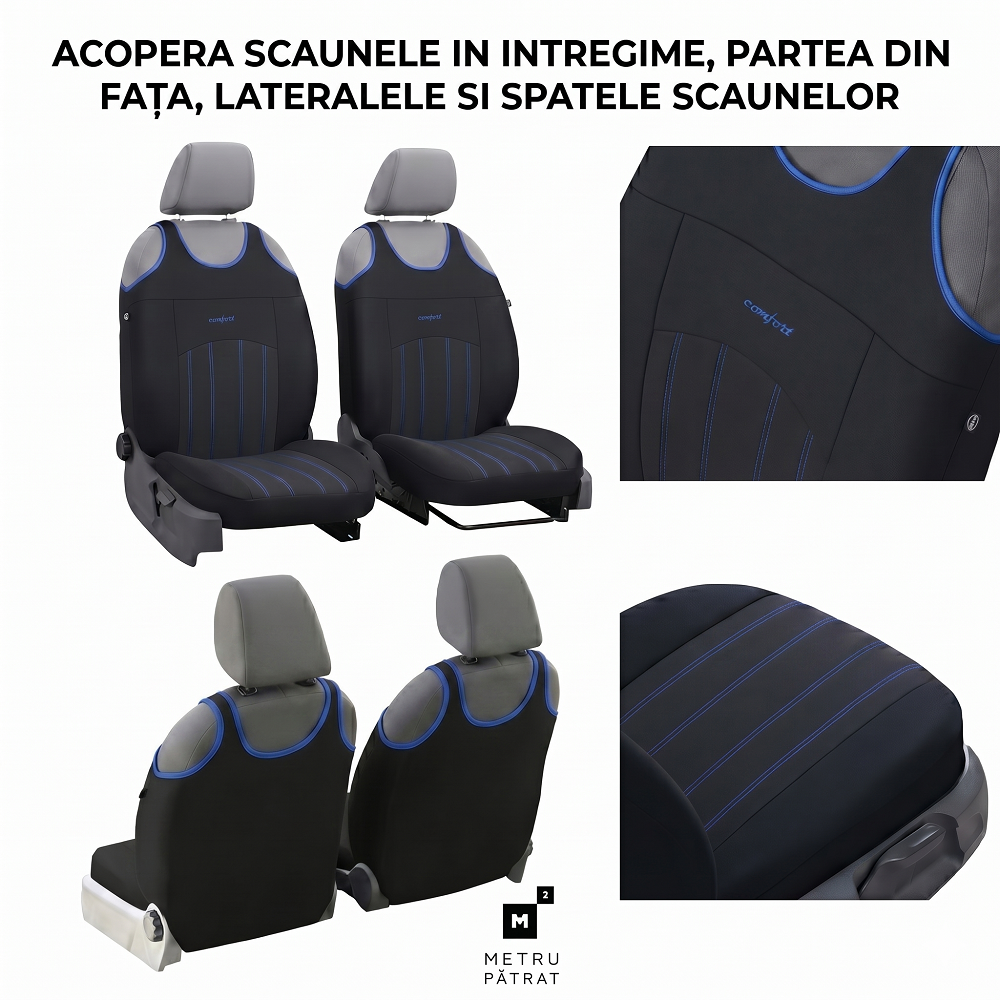 Set 2 huse auto universale tip maieu, Confort, din textil tapiterie, Negru - Albastru