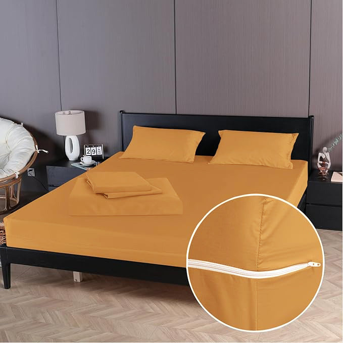 Husa cu fermoar pentru saltea din bumbac 100% natural, de culoare mustar - MetruPatrat.ro