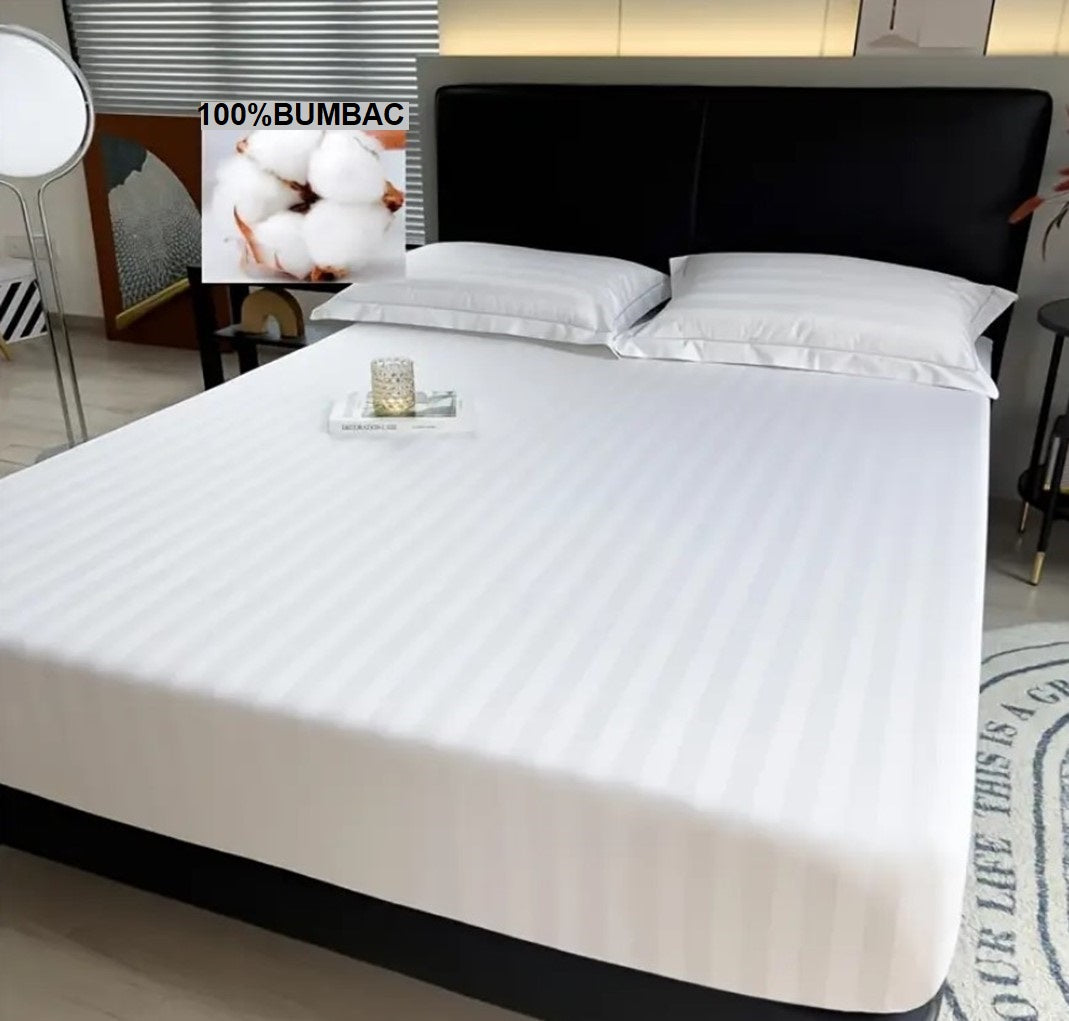 Cearceaf cu Elastic din Damasc Premium, Alb Imaculat, Dungi Late, Bumbac 100%, Grosime 180 grame/m², Metru Patrat - MetruPatrat.ro