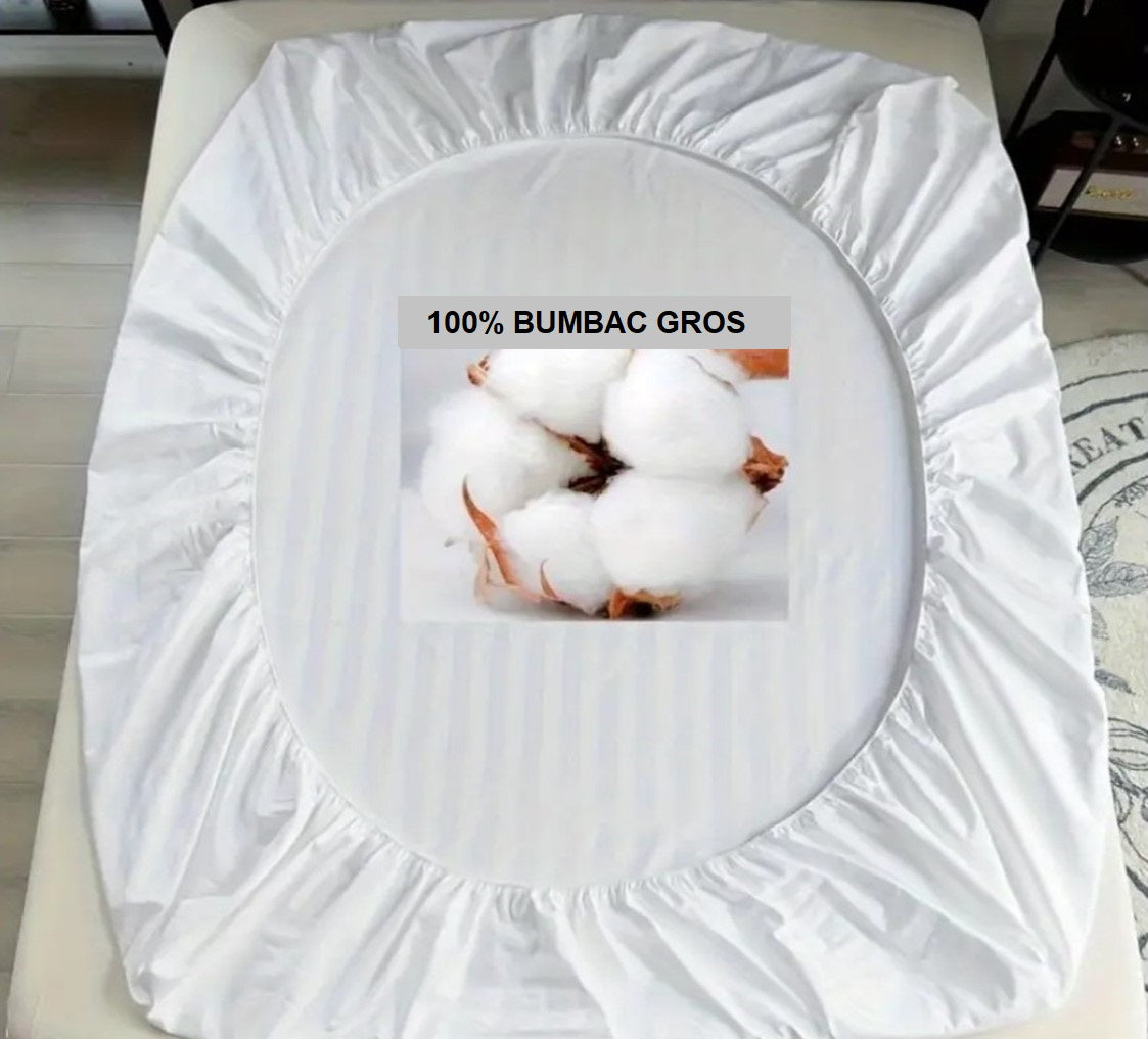 Cearceaf cu Elastic din Damasc Premium, Alb Imaculat, Dungi Late, Bumbac 100%, Grosime 180 grame/m², Metru Patrat - MetruPatrat.ro