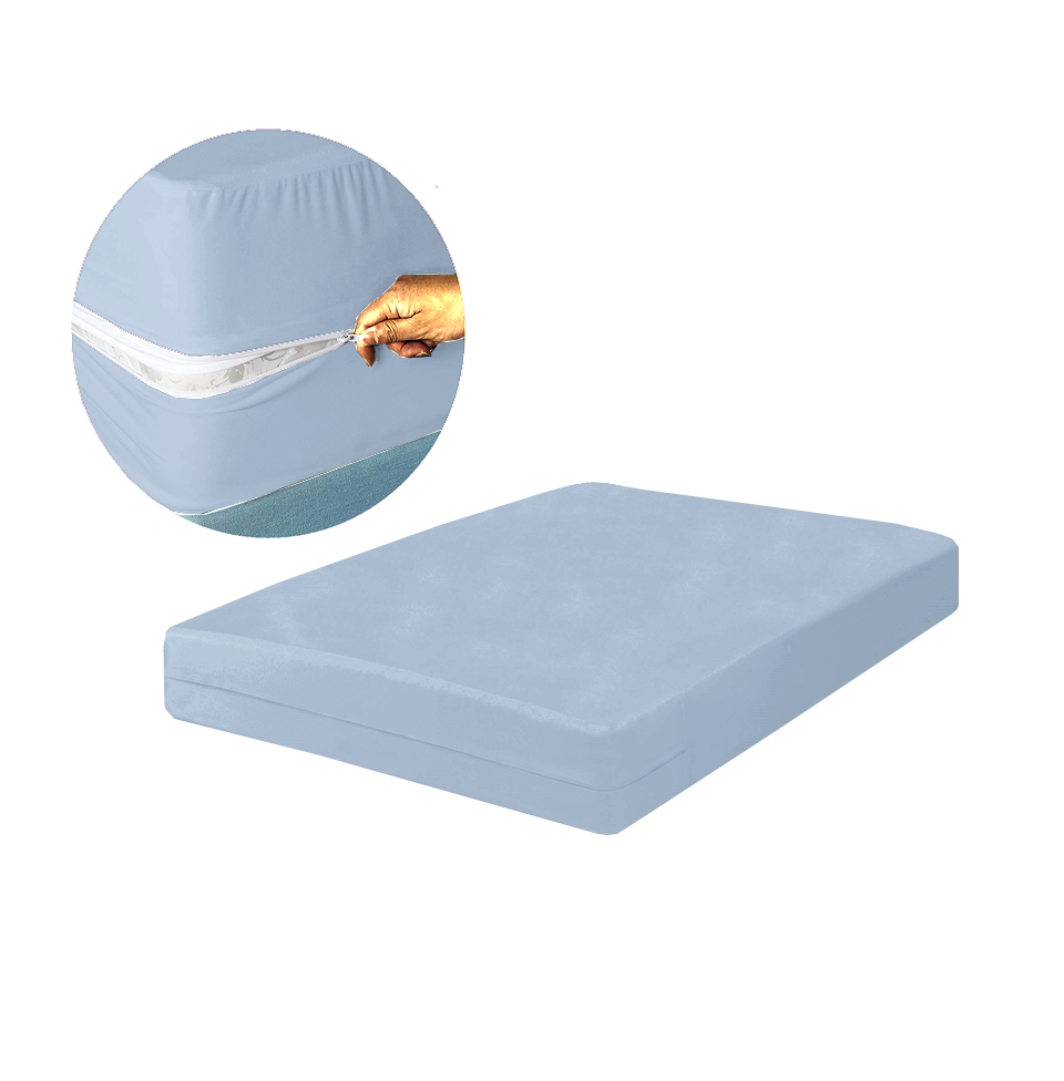 Husa cu fermoar pentru saltea din bumbac 100% natural, de culoare albastru deschis uni - MetruPatrat.ro