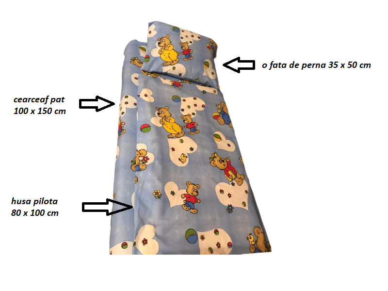 Set lejerie patut copii, compus din 3 piese, albastru, model ursuleti, pentru baietei, bumbac 100%