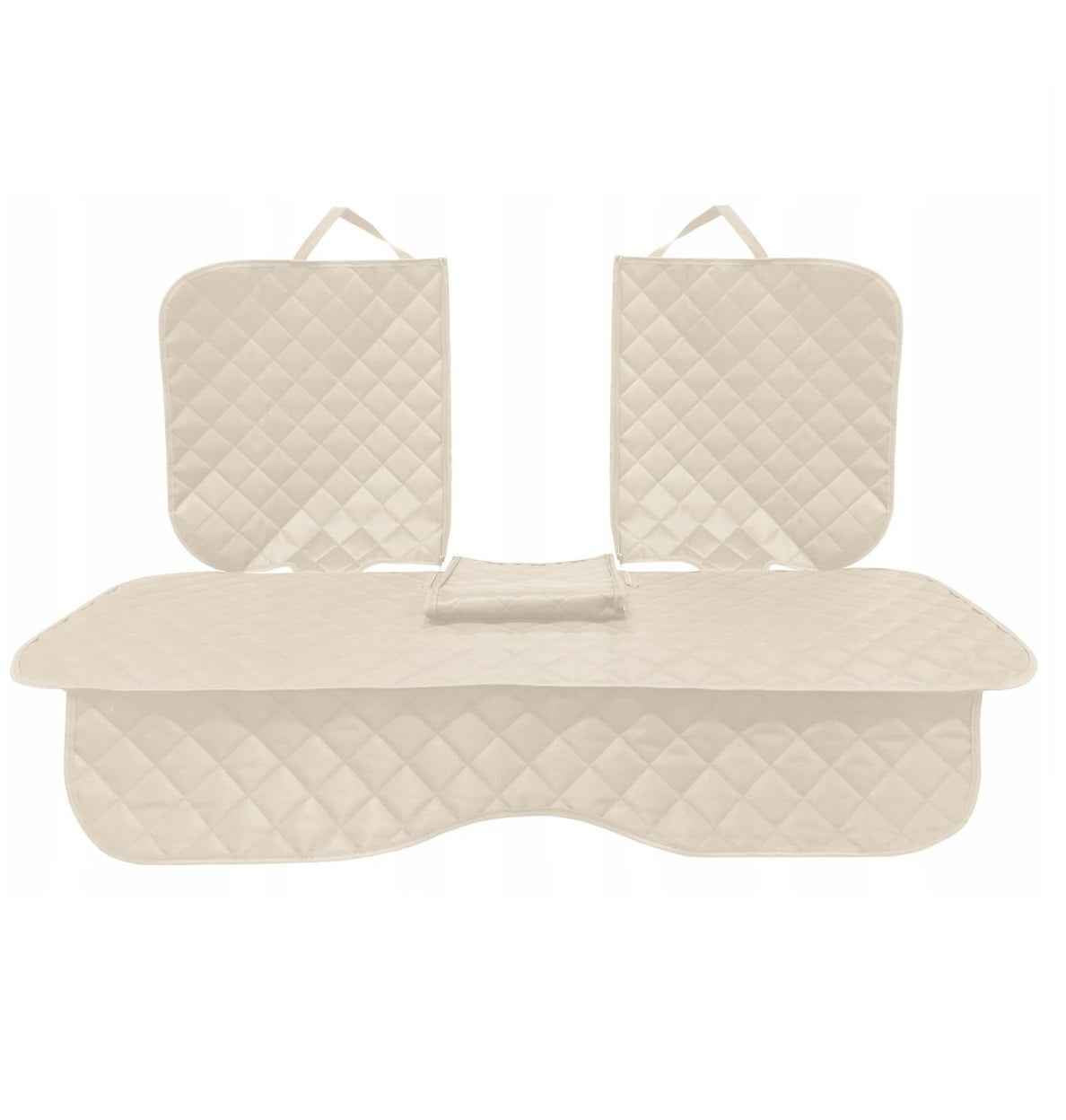 Set 3 protectii scaune auto, universale, matlasate, crem, lavabile, impermeabile, protectie matlasata cu decupare cotiera pentru bancheta din spate cu si 2 protectii spatar scaun cu buzunar organizator