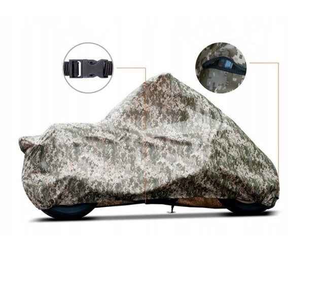 Husa moto marimea XL, de tip camuflaj, fabricata din nailon gros impermeabil, prelata ce asigura protectie pentru soare , vant , praf , inghet si ninsoare 10095