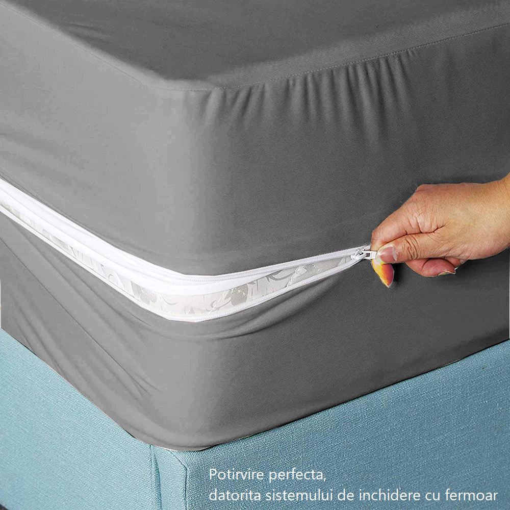 Husa cu fermoar pentru saltea din bumbac 100% natural, de culoare gri uni - MetruPatrat.ro