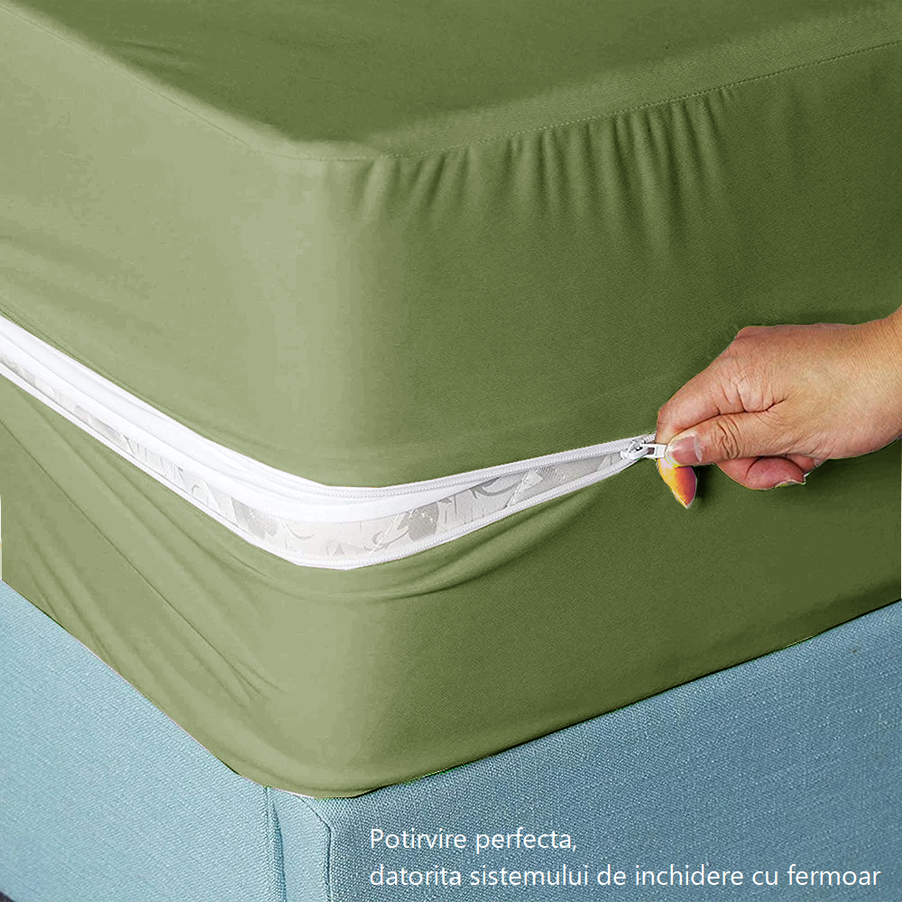 Husa cu fermoar pentru saltea din bumbac 100% natural, de culoare verde army - MetruPatrat.ro