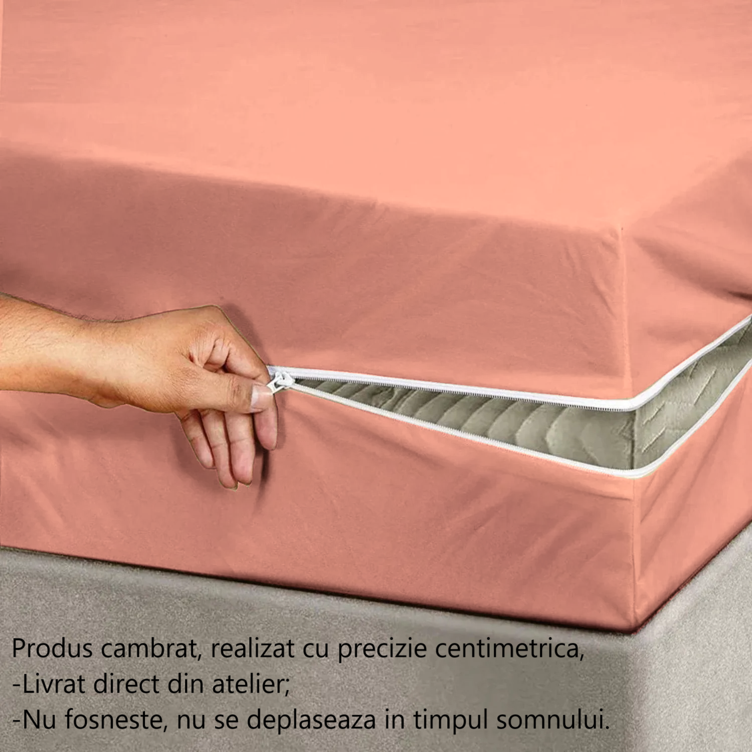 Husa cu fermoar pentru saltea din bumbac 100% natural, de culoare roz pal - MetruPatrat.ro