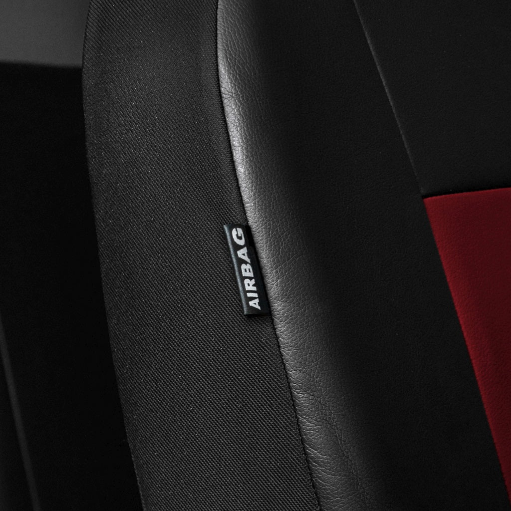 Set huse auto universale , 9 bucati , din pele ecologica , din gama X line , de culoare negru cu rosu AH215R