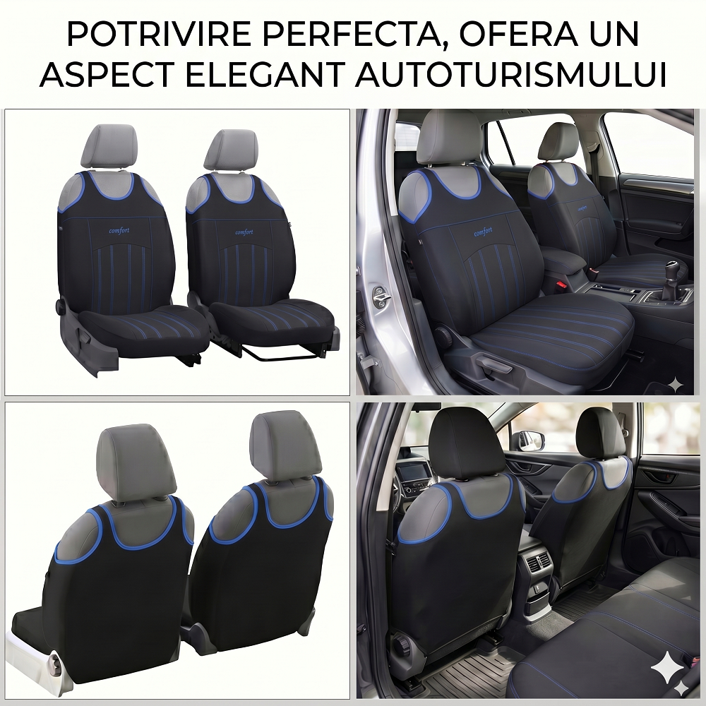Set 2 huse auto universale tip maieu, Confort, din textil tapiterie, Negru - Albastru