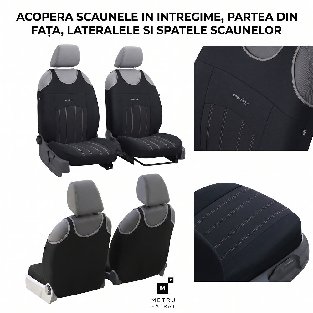 Set 2 huse auto Universale tip maieu, Confort, din textil tapiterie, Negru-Gri