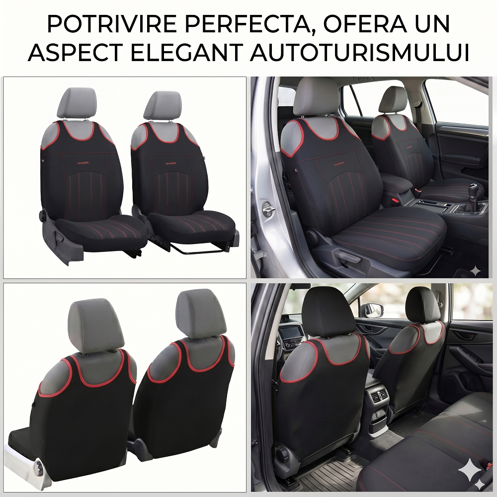 Set 2 huse auto Universale tip maieu, Confort, din textil tapiterie, Negru-Rosu